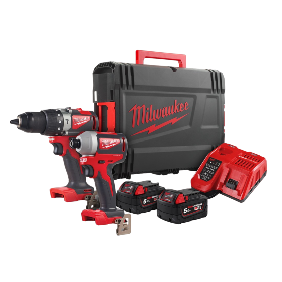 Milwaukee M18BLPP2A2-502X 18V Combi Drill and Impact Driver Kit - 2X 5AH Batteries, Charger and Case